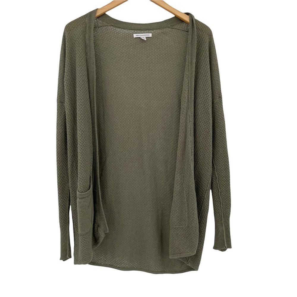 American Eagle Olive Green lightweight Knit Longline Open Long Sleeve S Cardigan